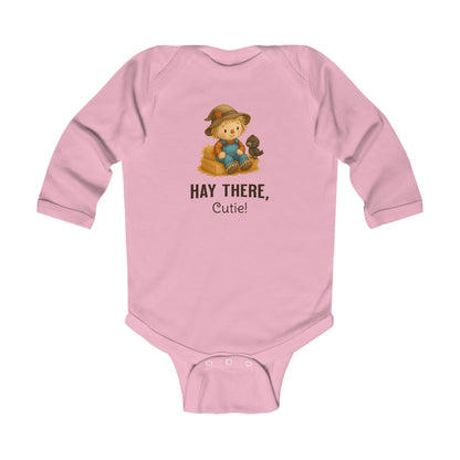 Cotton pink baby onesie fall design with hay bale and crow artwork