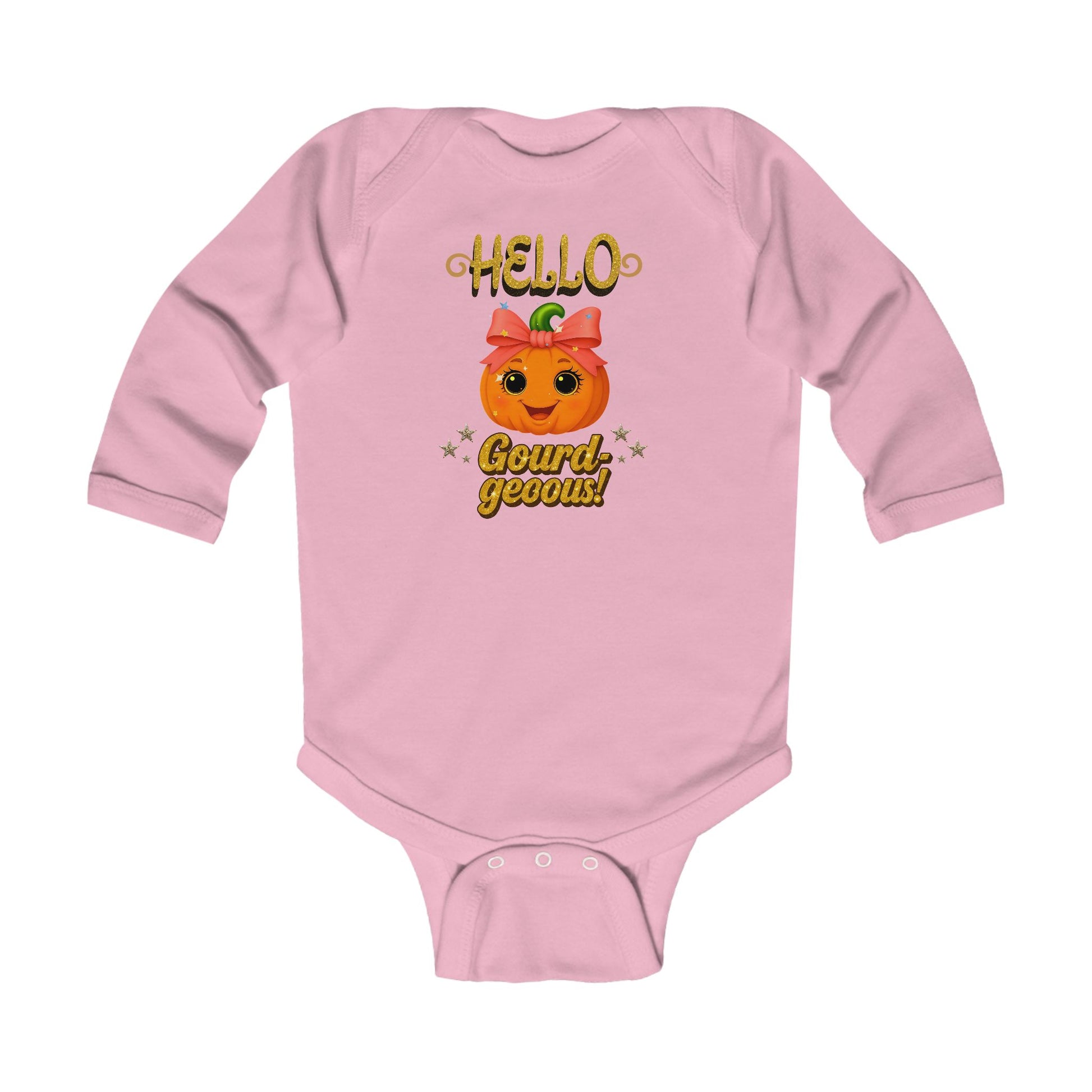 Cozy pink infant onesie bodysuit with cute fall pumpkin design and easy snap closures