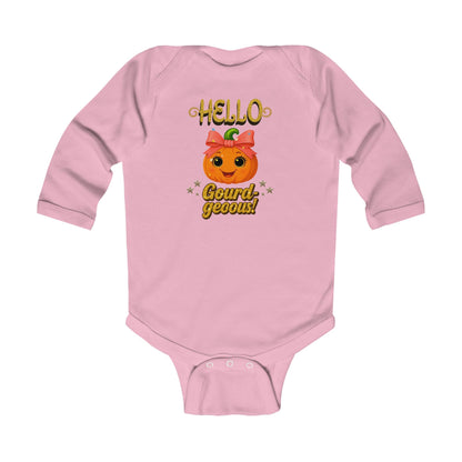 Cozy pink infant onesie bodysuit with cute fall pumpkin design and easy snap closures