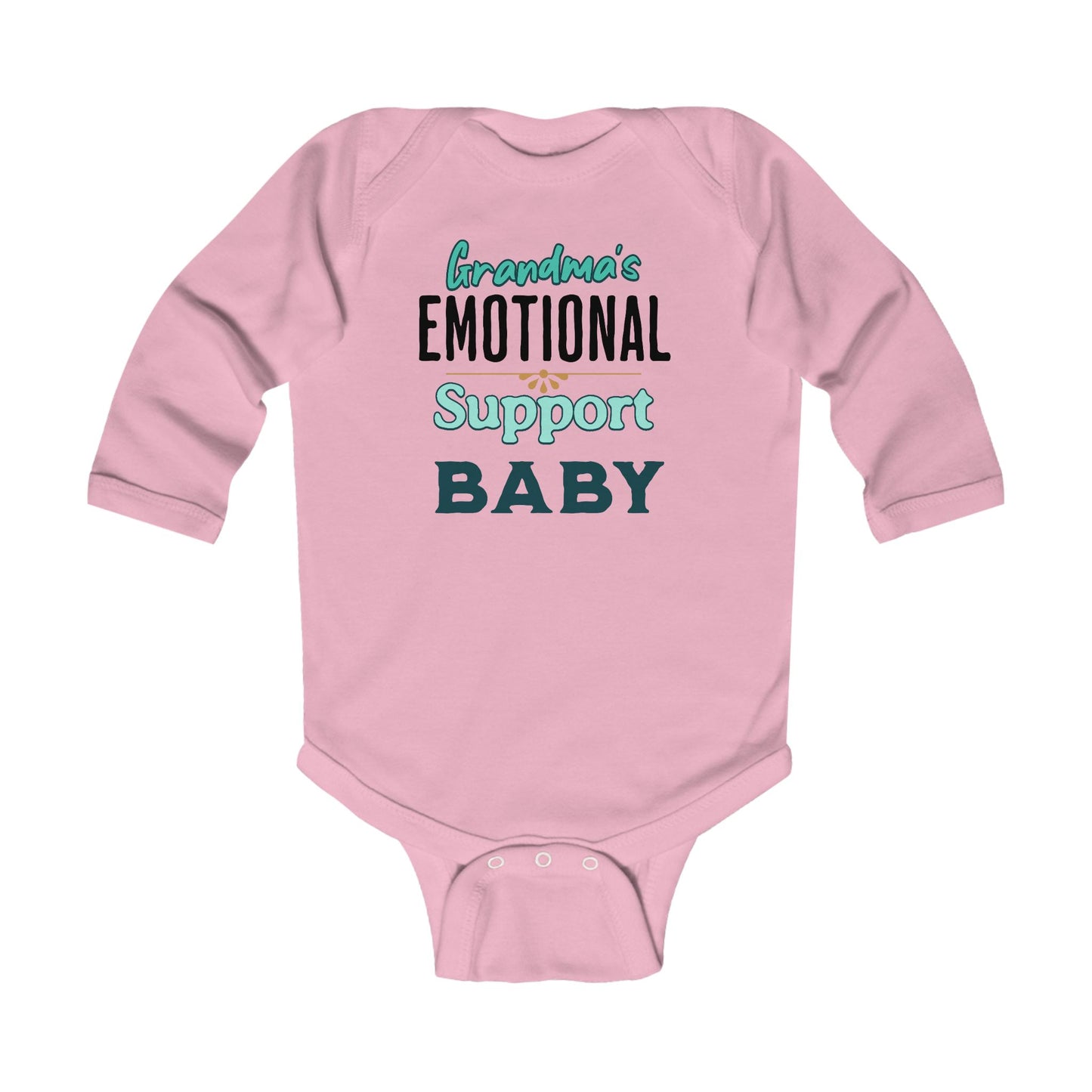 Cute pink baby romper showing grandmothers love with “Grandma’s Emotional Support Baby” graphic