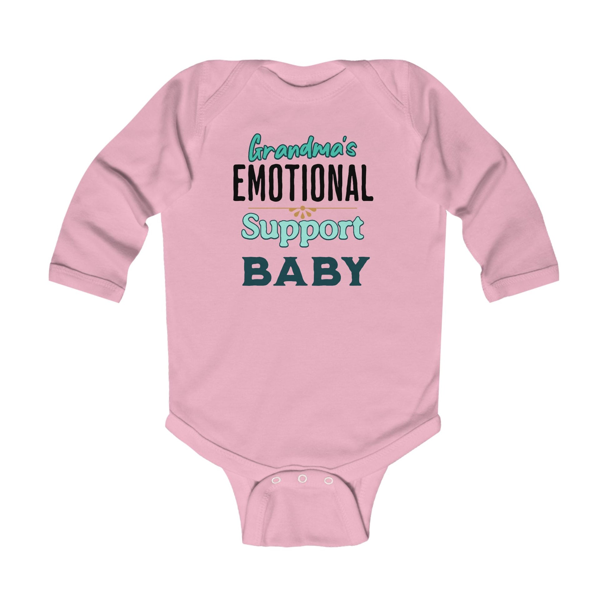 Cute pink baby romper showing grandmothers love with “Grandma’s Emotional Support Baby” graphic