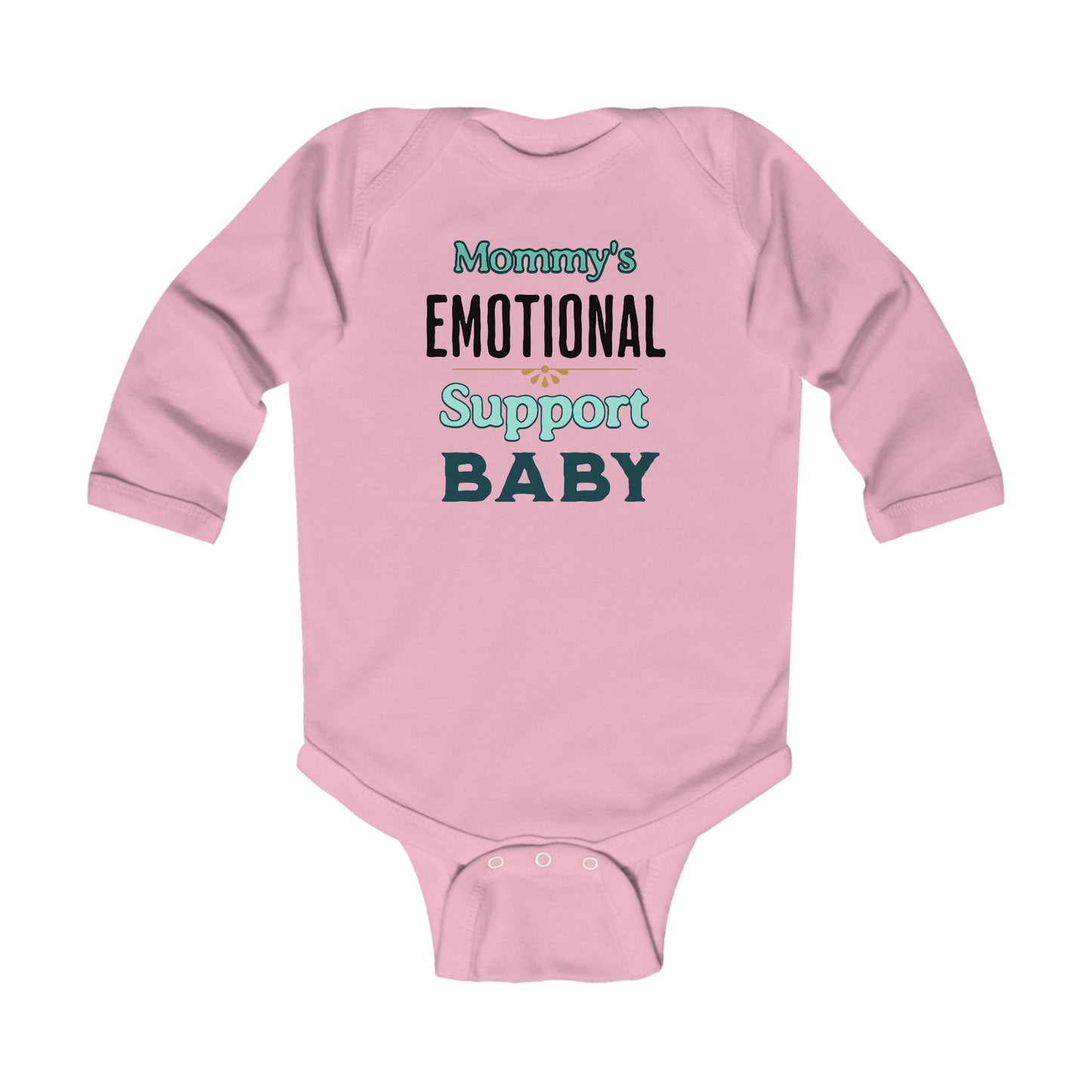Pink long sleeve newborn baby onesie with playful EMO mommy and baby phrase
