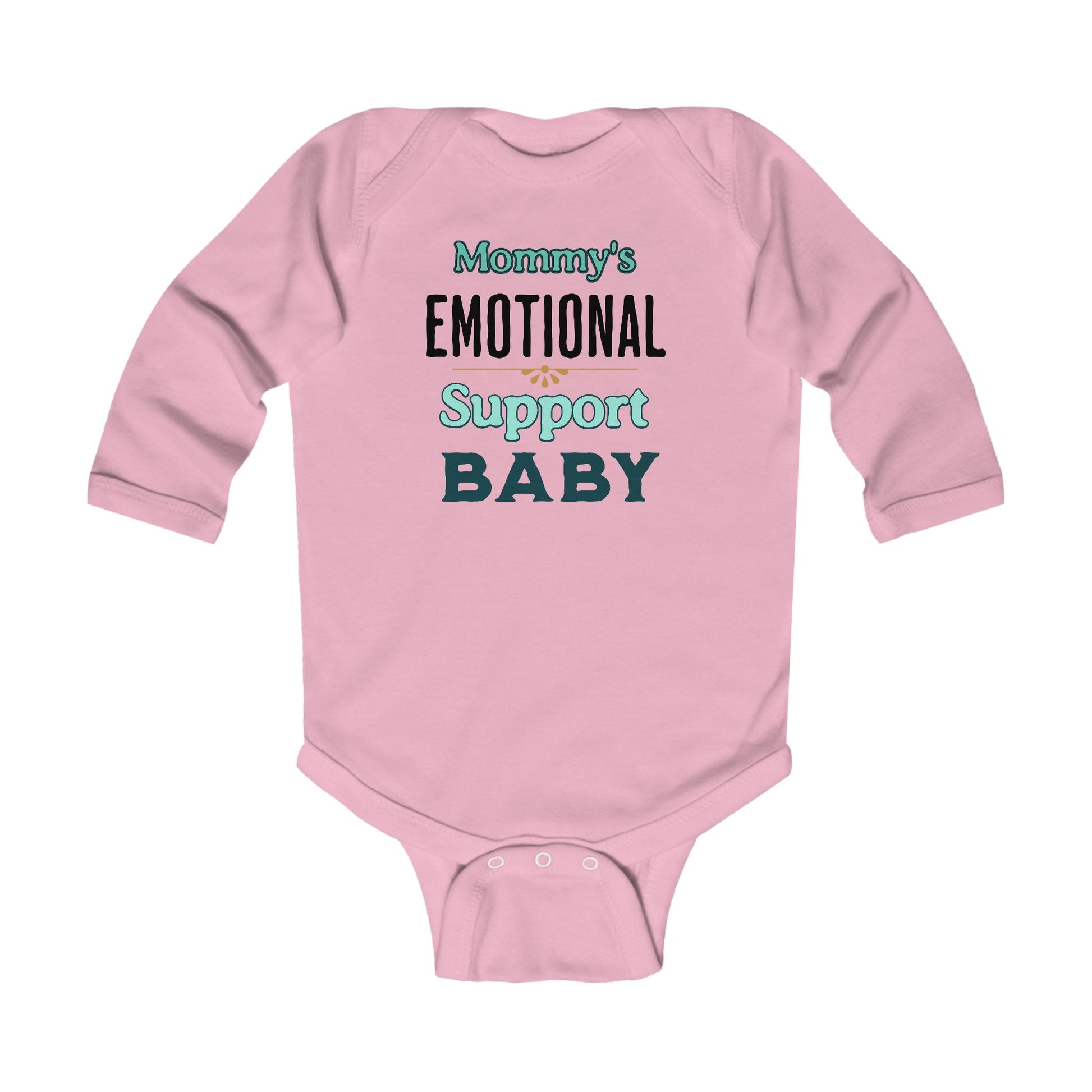 Pink long sleeve newborn baby onesie with playful EMO mommy and baby phrase