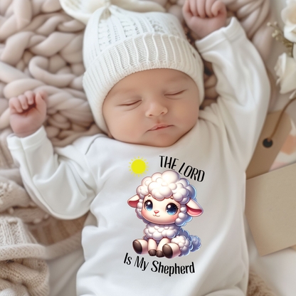 Faith based Christian long sleeve baby onesie with lamb and Psalm 23 “The Lord Is My Shepherd” design