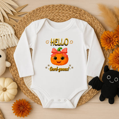 White long sleeve baby onesie with smiling pumpkin design and “Hello Gourd-geous” fall graphic