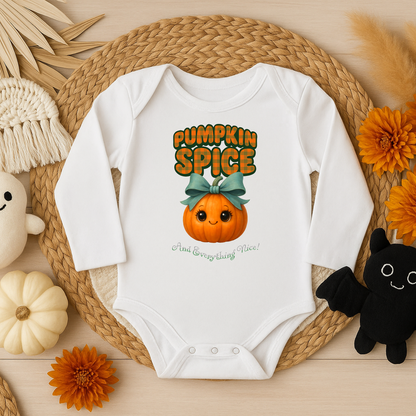 White long sleeve baby onesie with pumpkin spice fall design