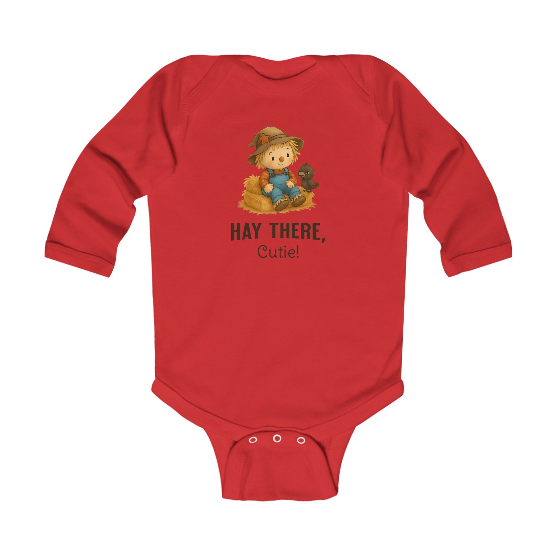 Red Long sleeve scarecrow onesie fall baby bodysuit with “Hay There…Cutie!” caption