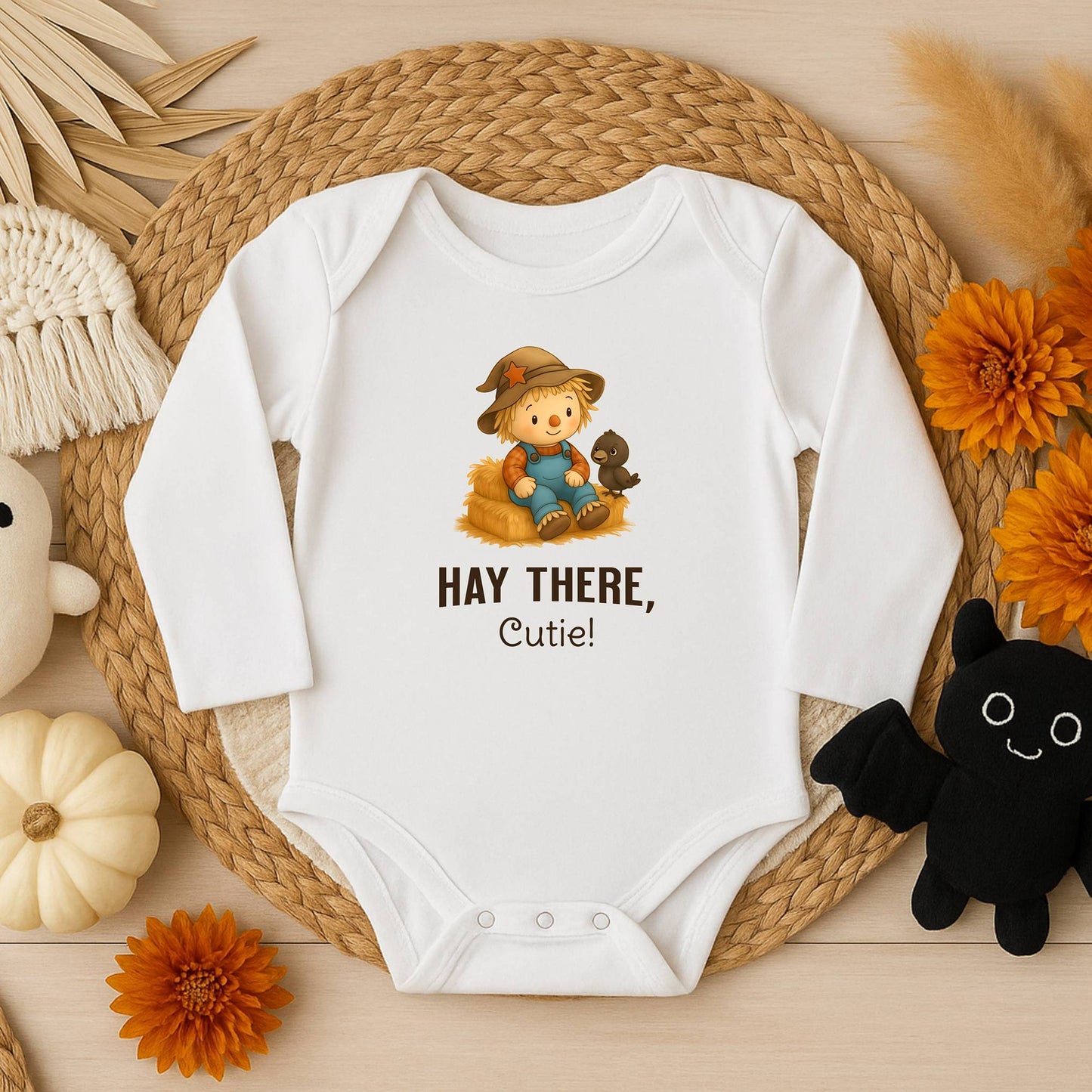 White scarecrow fall long sleeve baby onesie with crow design