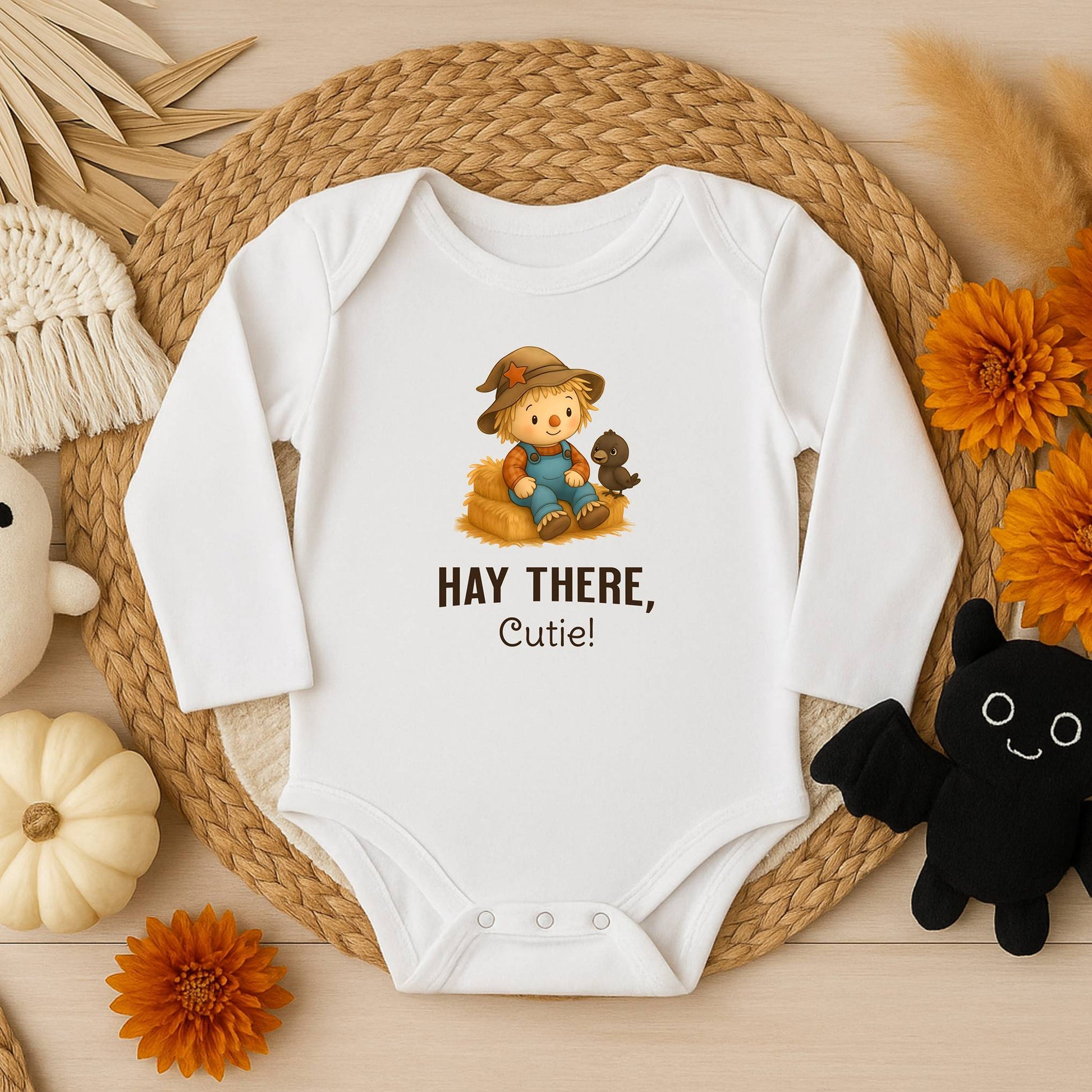 White scarecrow fall long sleeve baby onesie with crow design