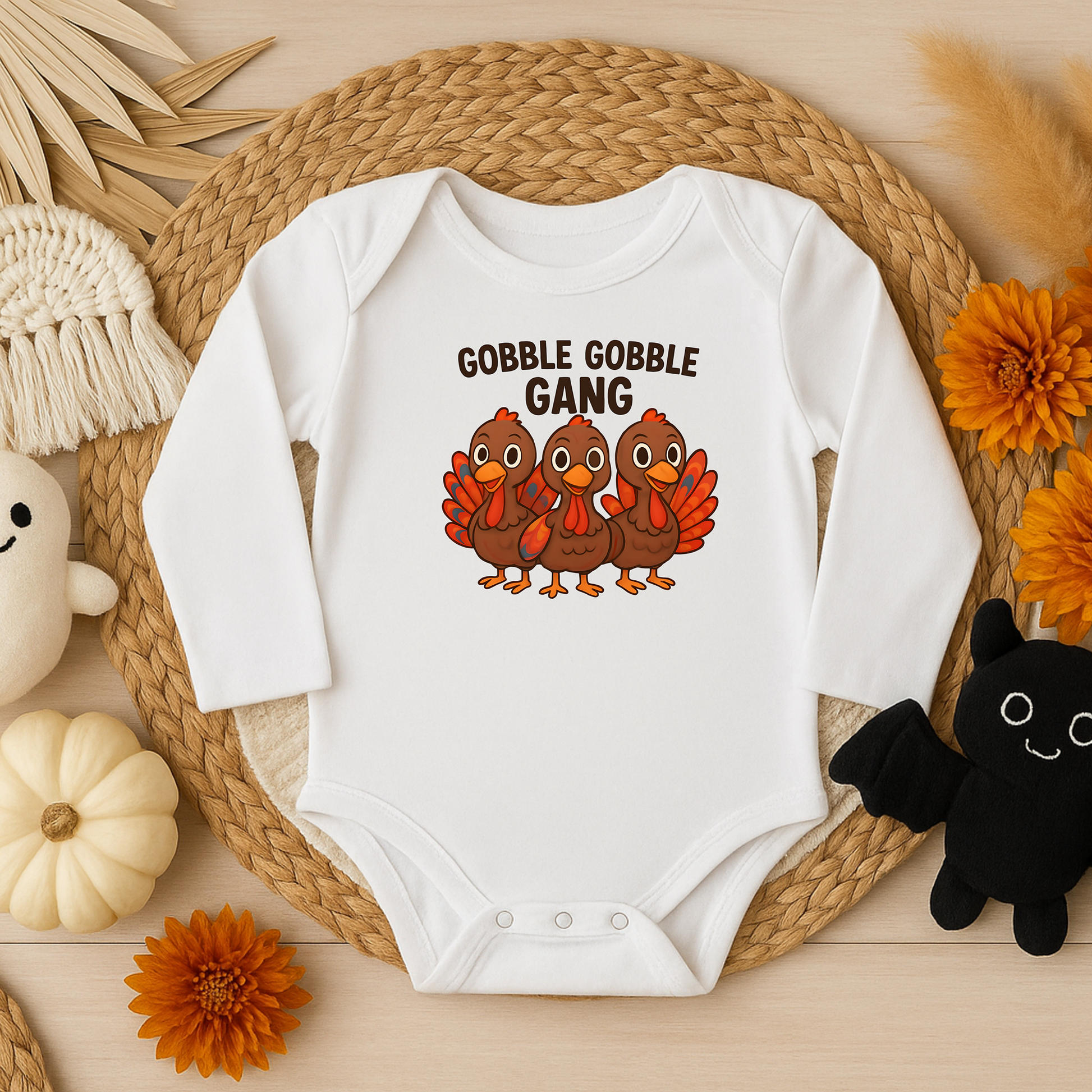 Cute Thanksgiving turkey baby onesie with festive turkey design