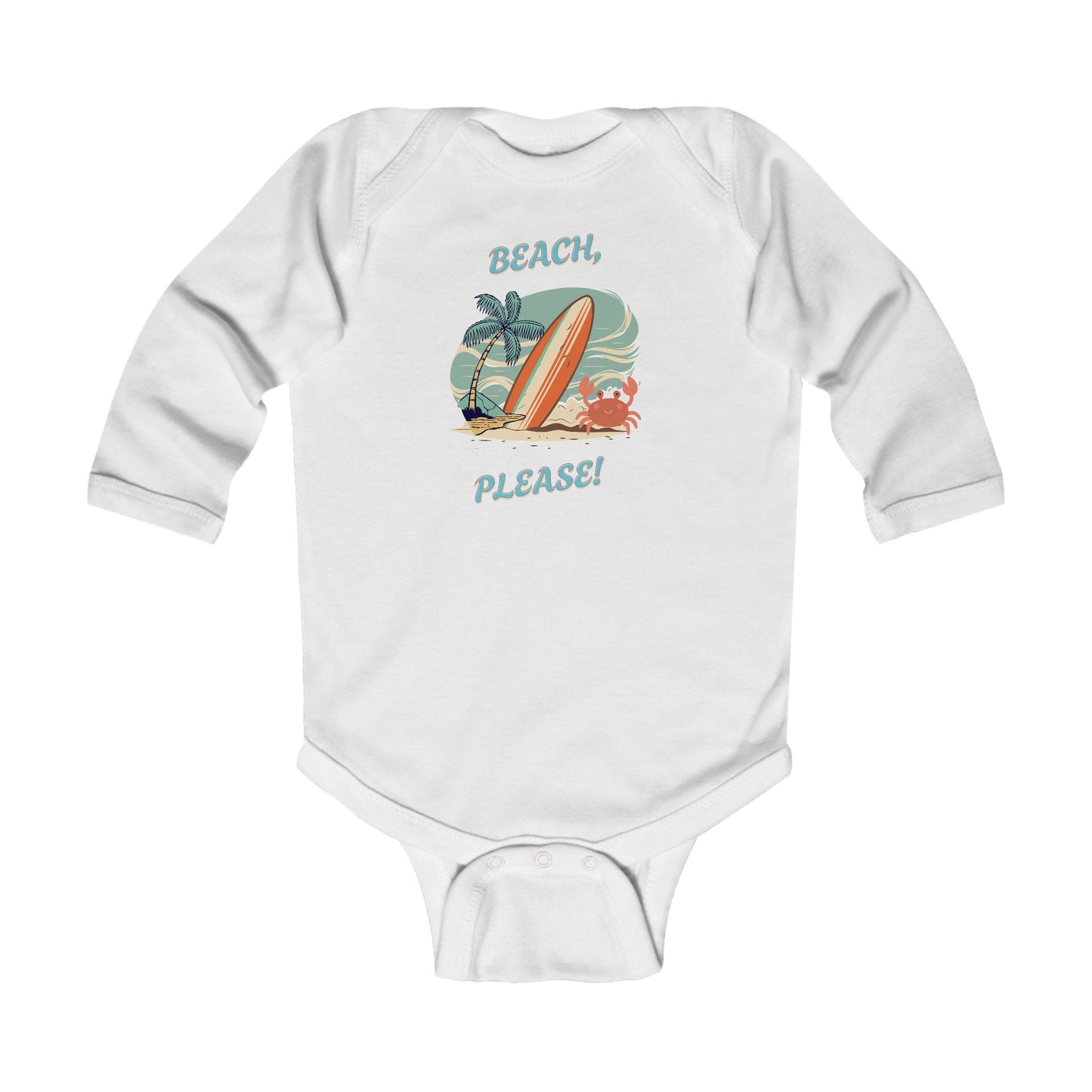 White beach baby Coastal newborn bodysuit with palm tree illustration