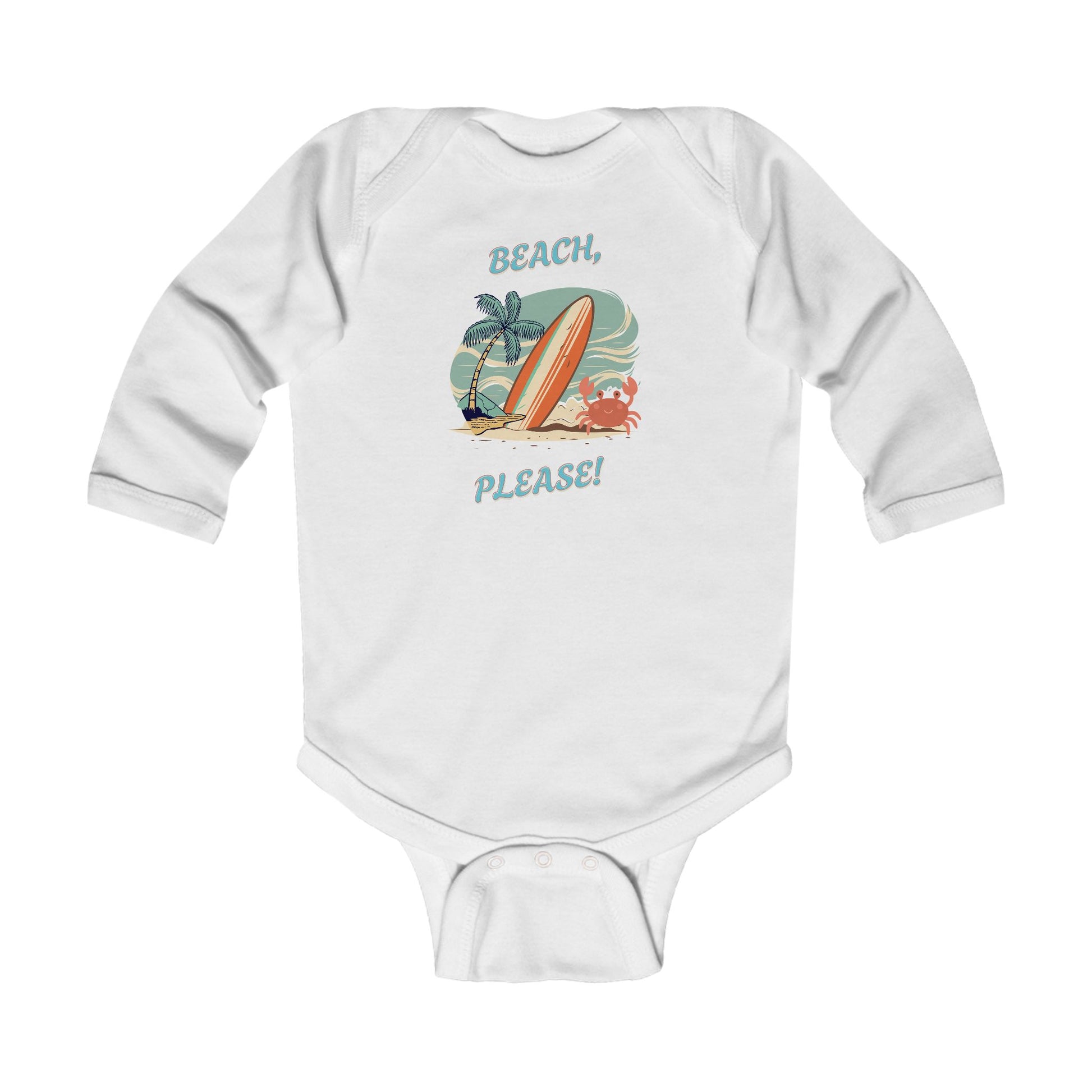 White beach baby Coastal newborn bodysuit with palm tree illustration