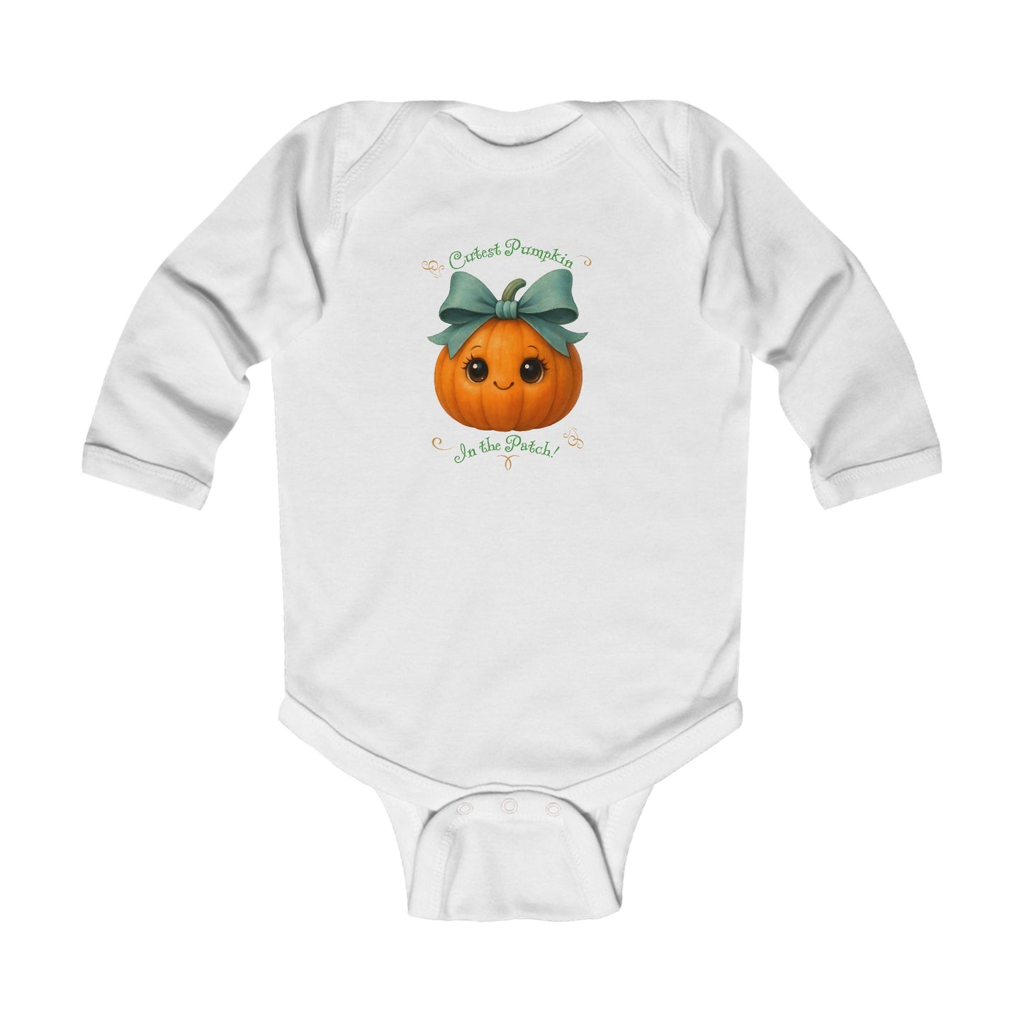 White fall baby onesie bodysuit with smiling cute pumpkin graphic