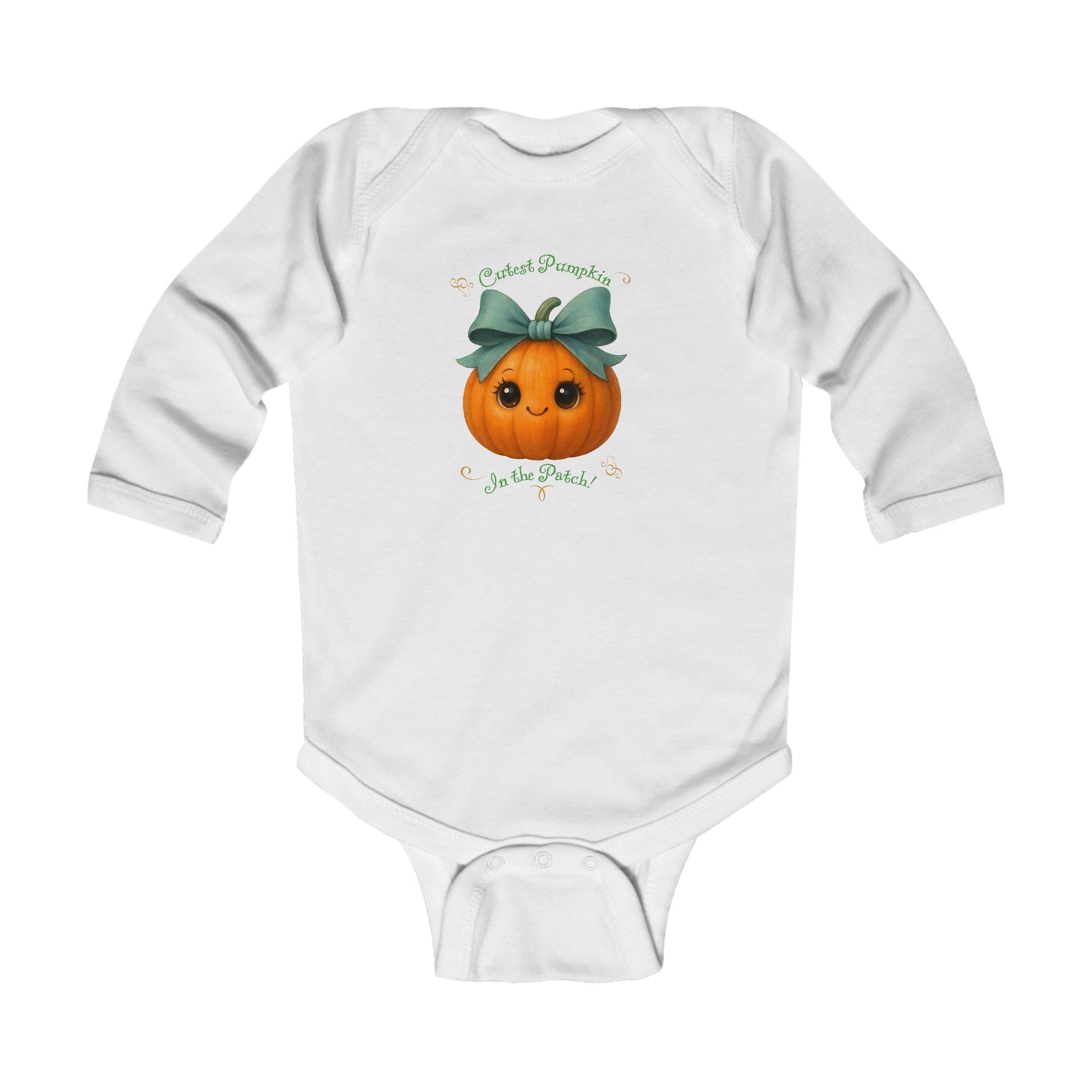 White fall baby onesie bodysuit with smiling cute pumpkin graphic