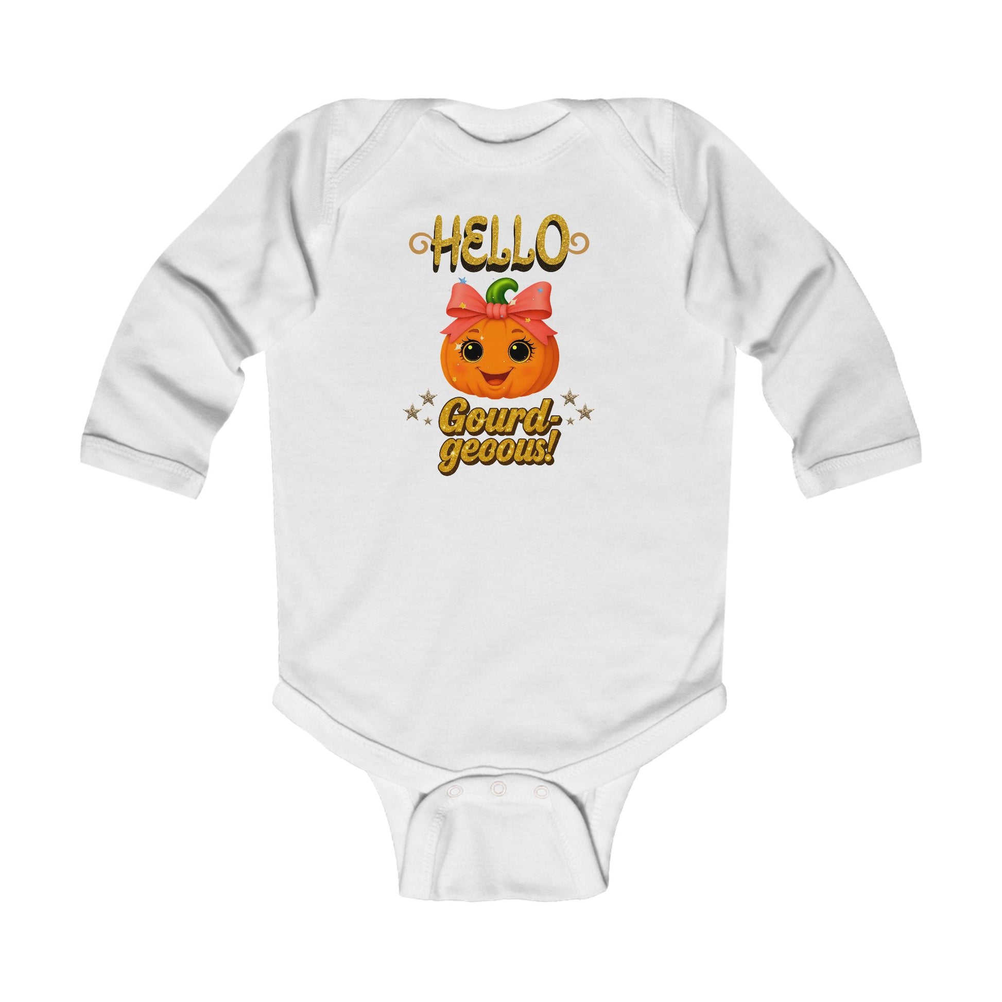 Cute fall season baby romper featuring a halloween pumpkin character with bow and glitter-style lettering