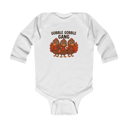 Cozy cotton long sleeve white fall thanksgiving baby bodysuit onesie with turkey design